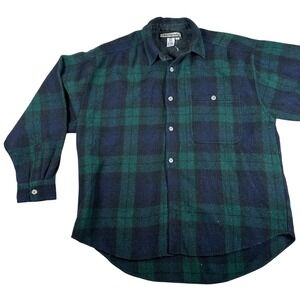 Vintage Mens Wool Blend Plaid Flannel Shirt Green Navy‎ Buffalo Check Large
